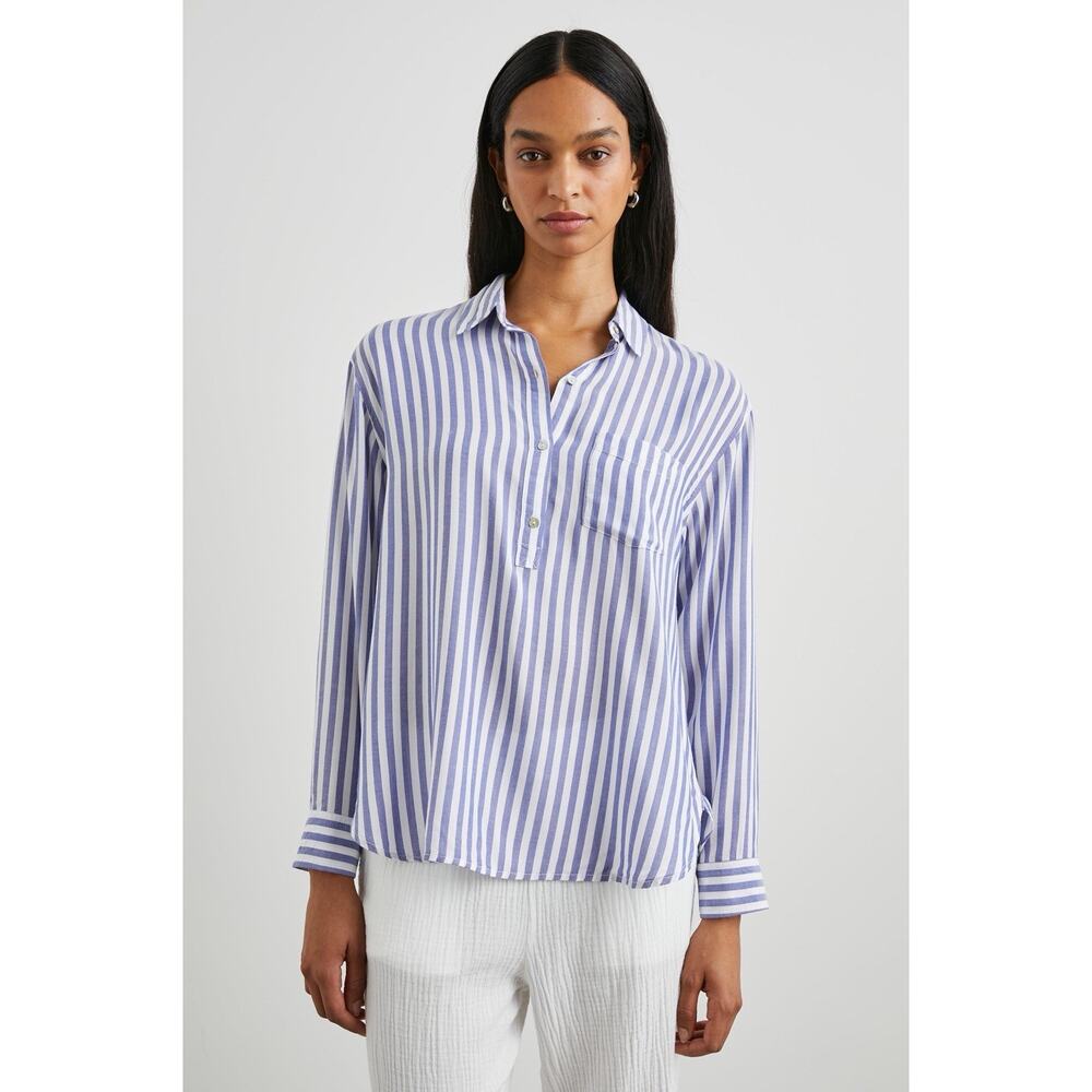Rails Blue and White Vertical Stripe Button-Pocket Blouse